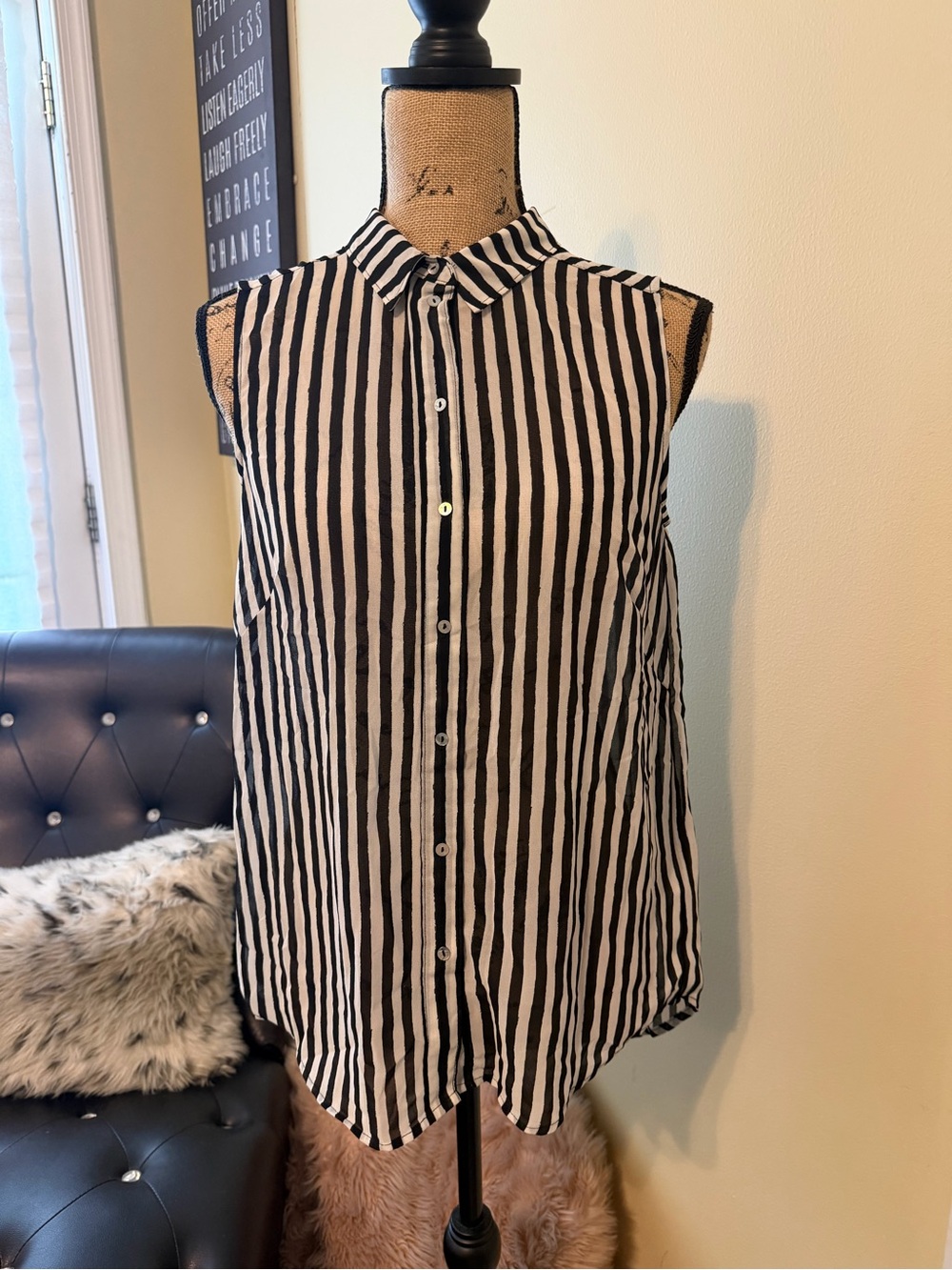 H&M Black and White Vertical Stripe Sleeveless Button-Down Shirt